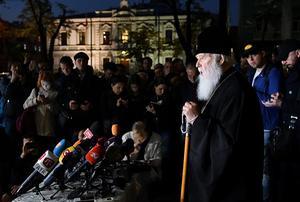 Persconferentie na de vergadering van de Oekrainse orthodoxe kerk. beeld AFP