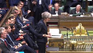 De Bitse premier Theresa May in het parlement. beeld AFP