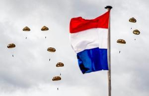 Een parachutistendropping tijdens een herdenking van operatie Market Garden op de Ginkelse Heide. beeld ANP