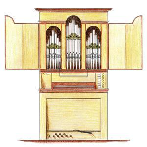 Tekening van het Italiaanse orgel dat de firma Reil gaat bouwen. Het is de bedoeling dat het instrument uitbundiger versierd wordt en dat de luiken in 17e-eeuwse stijl worden beschilderd. beeld Castello Consort