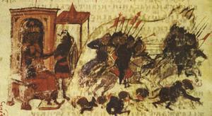 Het Beleg van Constantinopel (717-718) door islamitische legers onder leiding van generaal Maslama ibn Abd al-Malik. Illustratie uit de Kroniek van Manasses (ca. 1130-ca. 1187).  beeld Wikimedia