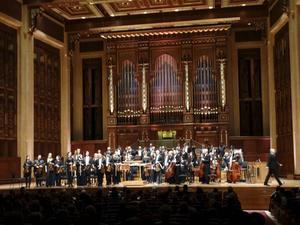 Het Duitse Capitol Symphonie Orchester and Friends is klaar voor een uitvoering in het operagebouw van Muscat. Achter het orkest het grootste pijporgel van het Arabisch schiereiland. beeld Jacob Hoekman