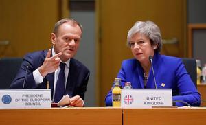 EU-president Donald Tusk en Britse premier Theresa May tijdens een eerdere vergadering van de Europese Raad. beeld EPA