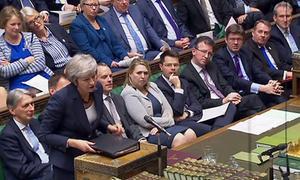 Premier May woensdag in het Lagerhuis over brexit. beeld AFP