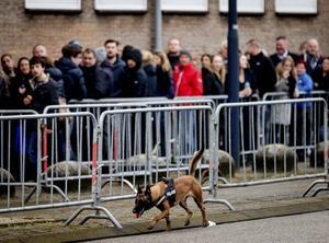 Op sommige dagen tijdens het proces-Holleeder trokken veel belangstellenden naar de extra beveiligde rechtbank in Amsterdam. Voor de crimineel dreigt levenslang. beeld ANP, Robin van Lonkhuijsen
