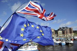 Demonstranten tegen de brexit doken vorige week op tussen de vissersboten van Newcastle.  beeld AFP, Andy Buchanan