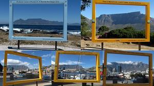 „Rondom de binnenstad van Kaapstad staan verschillende vensters opgesteld waardoorheen mensen de Tafelberg kunnen fotograferen.” fotocollage Rob van Houwelingen