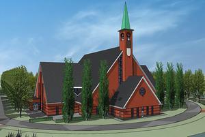 Tekening van de nieuw te bouwen kerk van de gereformeerde gemeente in Yerseke. beeld Buro Ruimte & Groen – Borssele