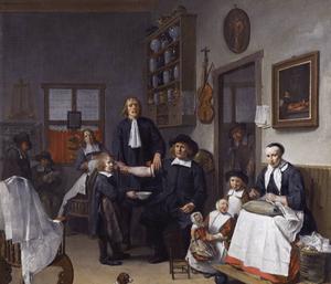 Barbier te midden van zijn familie, geportretteerd in zijn winkel terwijl hij bezig is met een aderlating. Geschilderd in 1669 door Egbert van Heemskerck. beeld Wikimedia
