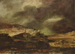 De wind, als „de adem van de Ontzagwekkende”. Een stormachtig landschap, geschilderd in 1640 door Rembrandt van Rijn. beeld Herzog Anton Ulrich Museum