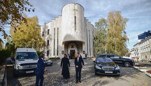 Gebouw in Minsk waar maandag de synode werd gehouden van de Russisch-Orthodoxe Kerk. beeld AFP