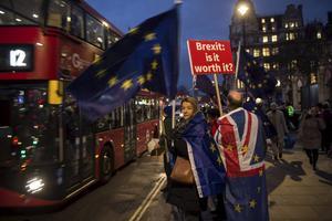 Tegenstanders van de brexit protesteerden maandag voor het Britse parlementsgebouw in Londen. Het Lagerhuis stemt dinsdagavond over de deal die premier Theresa May met de EU sloot. beeld AFP, Oli Scarff