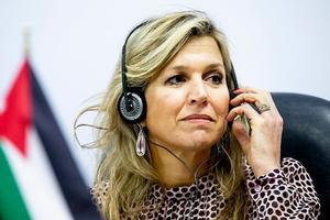 Koningin Máxima tijdens een persconferentie ter afsluiting van het bezoek dat ze als VN-gezant bracht aan Jordanië. beeld ANP, Patrick van Katwijk