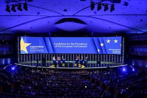 Het Spitzenkandidatendebat vond woensdagavond in het Europees Parlement in Brussel plaats. beeld EPA, Olivier Hoslet