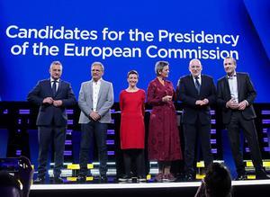 De kandidaten voor het voorzitterschap van de Europese Commissie tijdens een verkiezingsdebat op 15 mei. beeld AFP, Aris Oikonomou