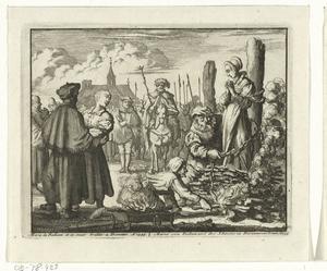 Maria van Beckum en Ursula van Werdum worden op de brandstapel gebracht. Gravure van Jan Luyken die in 1685 werd opgenomen in de Martelaarsspiegel van Thieleman Jansz. van Braght.  beeld Rijksmuseum Amsterdam