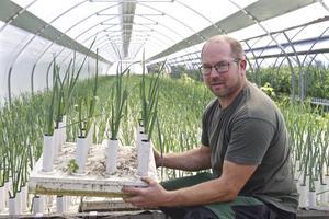 Robert Sandee teelt prei op water. De kleine winkelketen Agrimarkt legde de groente in het schap. Sandee vreest dat de nieuwe eigenaar Jumbo minder oog zal hebben voor streekproducten.  beeld Van Scheyen Fotografie