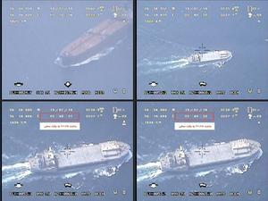 Beelden afkomstig van Iraanse drones, die schepen in de Straat van Hormuz volgen. beeld AFP