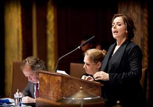 Thieme (PvdD) spreekt in de Eerste Kamer over haar wetsvoorstel rond onbedwelmd slachten, december 2011. De Senaat verwierp haar voorstel in 2012. beeld ANP, Phil Nijhuis