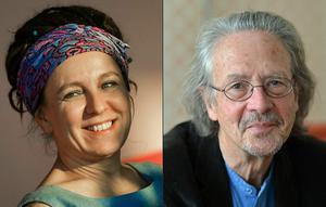 Olga Tokarczuk (Polen, links) en Peter Handke (Oostenrijk) en ontvingen de Nobelprijs voor de literatuur
