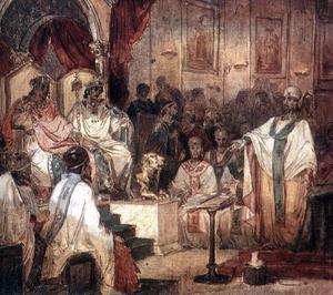 Een schilderij van het concilie van Chalcedon (451), gemaakt door de Russische kunstenaar Vasily Surikov. beeld Wikimedia