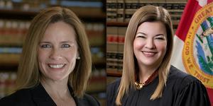 Amy Coney Barrett (l.) en Barbara Lagoa. beeld Julian VELASCO / University of Notre Dame / Florida Supreme Court / AFP
