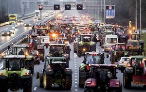 Boze boeren bij de afslag Uitgeest op de A9. De politie heeft de snelweg afgezet. Actievoerende boeren en bouwers reden op de snelweg uit protest tegen het stikstofbeleid. beeld ANP, Koen van Weel