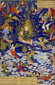 Mohammed berijdt het mythische paard Buraq op een Perzische miniatuur uit de 16e eeuw.​ beeld Wikipedia