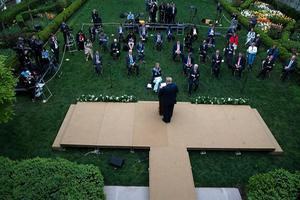 President Trump tijdens zijn persconferentie over de WHO. beeld EPA/Stefani Reynolds