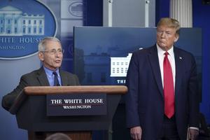 President Trump en viroloog Fauci (l.) maandag tijdens een persconferentie over het coronavirus.  beeld AFP, Mandel Ngan