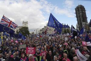 Rond het parlementsgebouw lieten zich zaterdag honderdduizenden demonstranten voor en tegen brexit zien.  beeld AFP, Isabel Infantes