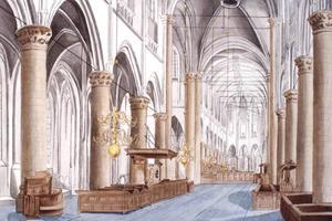 Interieur van de Grote Kerk in Dordrecht ten tijde van de synode. Tekening van E. H. Schoemaker uit 1893. beeld Regionaal Archief Dordrecht