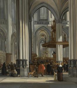 Interieur van de Oude Kerk van Amsterdam met een kerkdienst. Schilderij van Emanuel de Witte, beeld Sotheby's