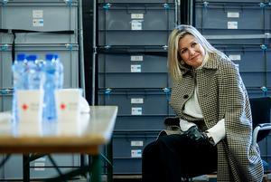 Koningin Maxima in gesprek met vrijwilligers van het Rode Kruis, die zich sinds de coronacrisis inzetten voor ouderen en kwetsbare mensen. beeld ANP