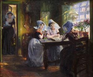 Dammende dames in Zeeuwse klederdracht. De Duitse kunstenaar Max Silbert (1871-1930) schilderde het kunstwerk mogelijk in Zoutelande, waar hij enkele jaren van zijn leven werkte. beeld uit besproken boek