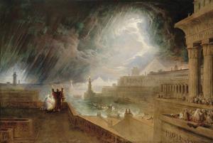 ”De zevende plaag” (hagel en vuur), op een schilderij van John Martin (1823). beeld Wikimedia