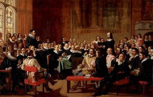 Halverwege de zeventiende eeuw was het theocratische gedachtegoed geen dood kapitaal. Foto: de Westminster Synode (1643-1653) in Engeland.  beeld Wikimedia
