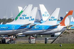 Vliegtuigen van KLM staan op Schiphol aan de grond nu het aantal passagiers door de coronacrisis drastisch is teruggelopen. beeld ANP, Remko de Waal