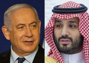 De Israëlische premier Benjamin Netanyahu en de Saudische kroonprins Mohammed bin Salman spraken zondag over de dreiging van Iran. beeld AFP, Saudi Royal Palace
