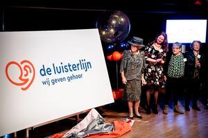 Prinses Beatrix tijdens de onthulling van de nieuwe naam van Sensoor, de landelijke luisterlijn in het Nederlands Instituut voor Beeld en Geluid in Hilversum, in 2018. beeld ANP