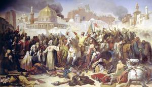 De inname van Jeruzalem door de kruisvaarders, 15 juli 1099. Schilderij van Auguste Giraudon. beeld Wikipedia