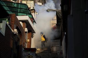 Een gezondheidswerker ontsmette woensdag een straat in de Zuid-Koreaanse hoofdstad Seoul. Zuid-Korea is na China het zwaarst getroffen land in Oost-Azië. beeld EPA, Jeon Heon-Kyun