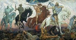 In Utrecht werd vrijdagavond het boek "Openbaring begrijpen" van dr. Steef Post gepresenteerd. Illustratie: de Russische kunstenaar Viktor Vasnetsov schilderde in 1887 de vier paarden uit het Bijbelboek Openbaring. beeld Viktor Vasnetsov