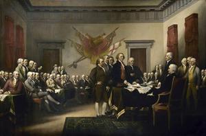 Het Comité van Vijf presenteert de tekst van de Onafhankelijkheidsverklaring aan het Congres op 28 juni 1776. Schilderij van John Trumbull, 1819. beeld Wikipedia​