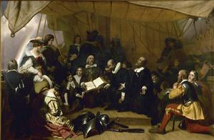 Pilgrims aan boord van de Speedwell kort voor het vertrek uit Delfshaven op 22 juli 1620. Schilderij van Robert W. Weir. beeld uit besproken boek