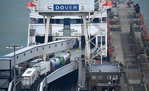 Vrachttransporten schepen in op de veerboot bij de Britse haven aan de kust van Dover. beeld AFP, Ben Stansall