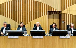 De rechtbank in de rechtszaal in het zwaarbeveiligde Justitieel Complex Schiphol, waar het internationale MH17-proces zal plaatsvinden. beeld ANP