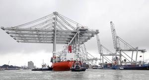 Vijf enorme kadekranen komen aan bij de Amazonehaven van Rotterdam. De nieuwe kranen komen uit Shanghai en zijn 135 meter hoog, hebben een reikwijdte van 24 containers breed en een hijshoogte van 50 meter. In de Rotterdamse haven valt van de crisis nog weinig te merken. beeld ANP, Jerry Lampen