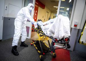 Alle hens aan dek was het afgelopen weken voor zorgpersoneel in ziekenhuizen en zorgcentra. Zeker in Brabant, de grootste brandhaard tijdens de coronacrisis, raakten ziekenhuizen overbelast. Foto: een ambulancemedewerker brengt een coronapatiënt binnen bij de spoedeisende hulp van het Catharina Ziekenhuis Eindhoven.  beeld ANP, Remko de Waal