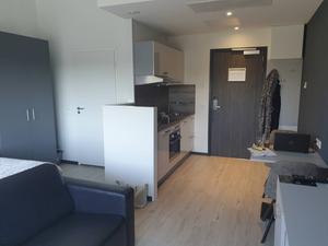 Een kamer met bed, badkamer en keukenblok in hotel 2L De Blend in Utrecht: bedoeld voor overnachting, maar vanwege de coronacrisis momenteel te huur als werkplek. beeld RD